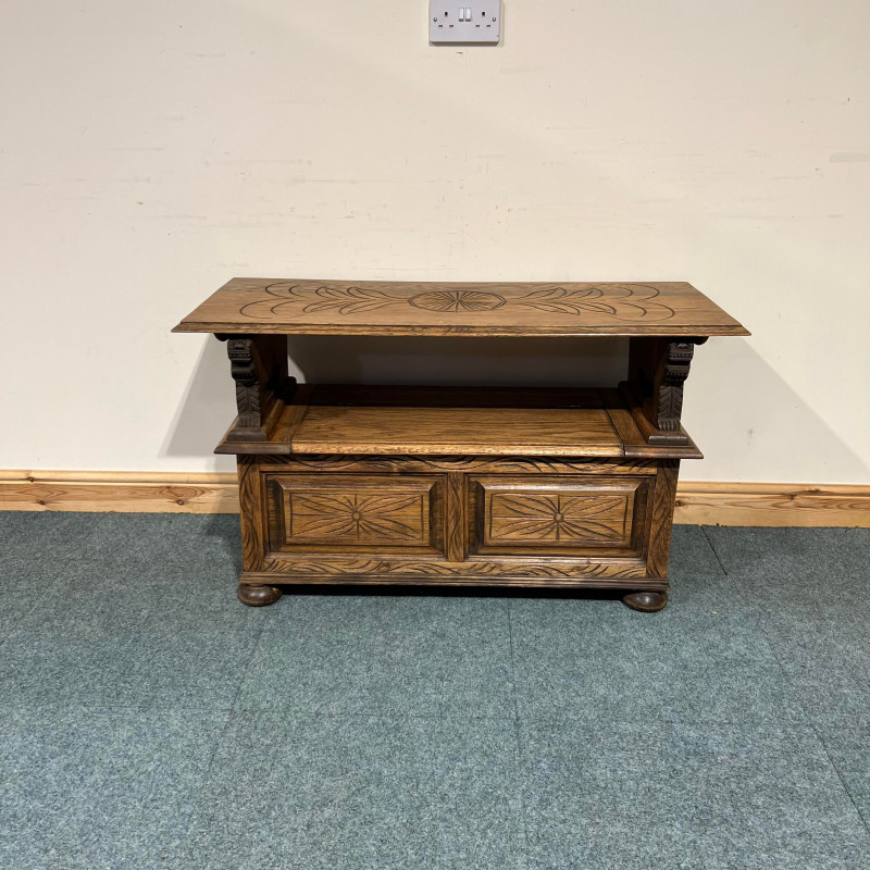 Medium Sized, Low, Solid Oak, Carved, Monks Bench. (MB148) - Image 5
