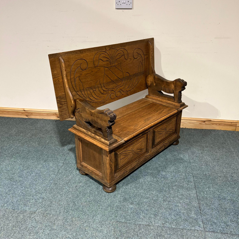 Medium Sized, Low, Solid Oak, Carved, Monks Bench. (MB148)