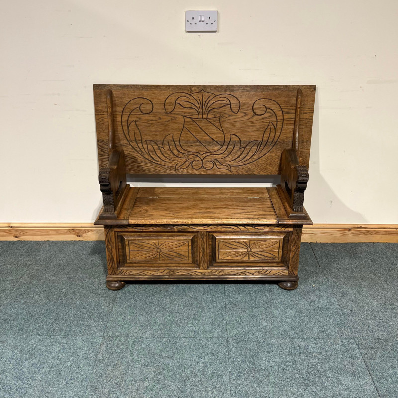 Medium Sized, Low, Solid Oak, Carved, Monks Bench. (MB148) - Image 2