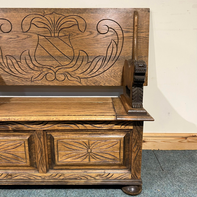 Medium Sized, Low, Solid Oak, Carved, Monks Bench. (MB148) - Image 4