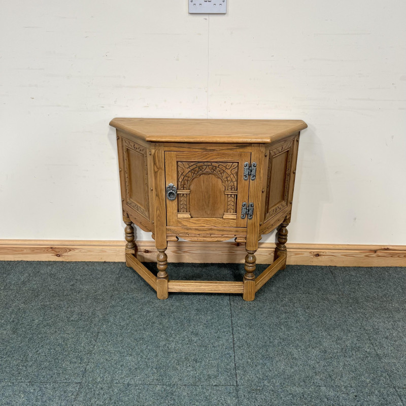 (O195) Small, Old Charm, Oak, Canted Pedestal Cabinet.