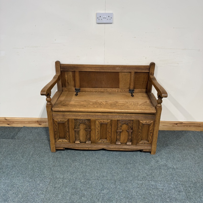 (MB177) Medium Sized, Old Charm, Carved Oak Bench.