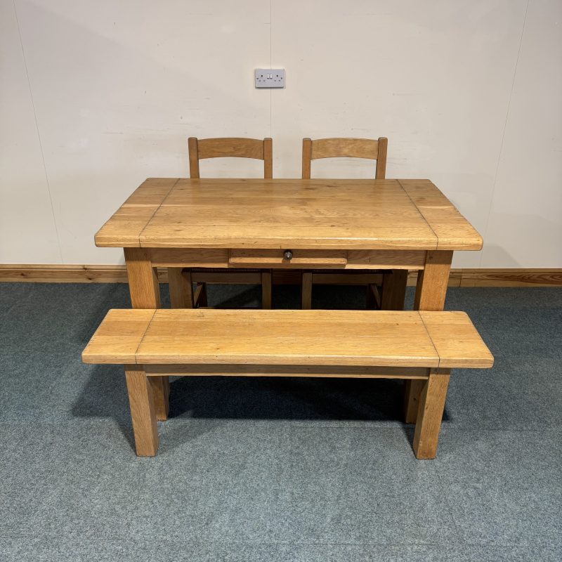 (TC354) Small, French, Distressed Solid Oak, Fixed Table, 2 Chairs and a Bench.