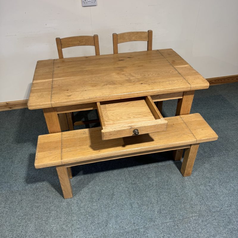 (TC354) Small, French, Distressed Solid Oak, Fixed Table, 2 Chairs and a Bench. - Image 4