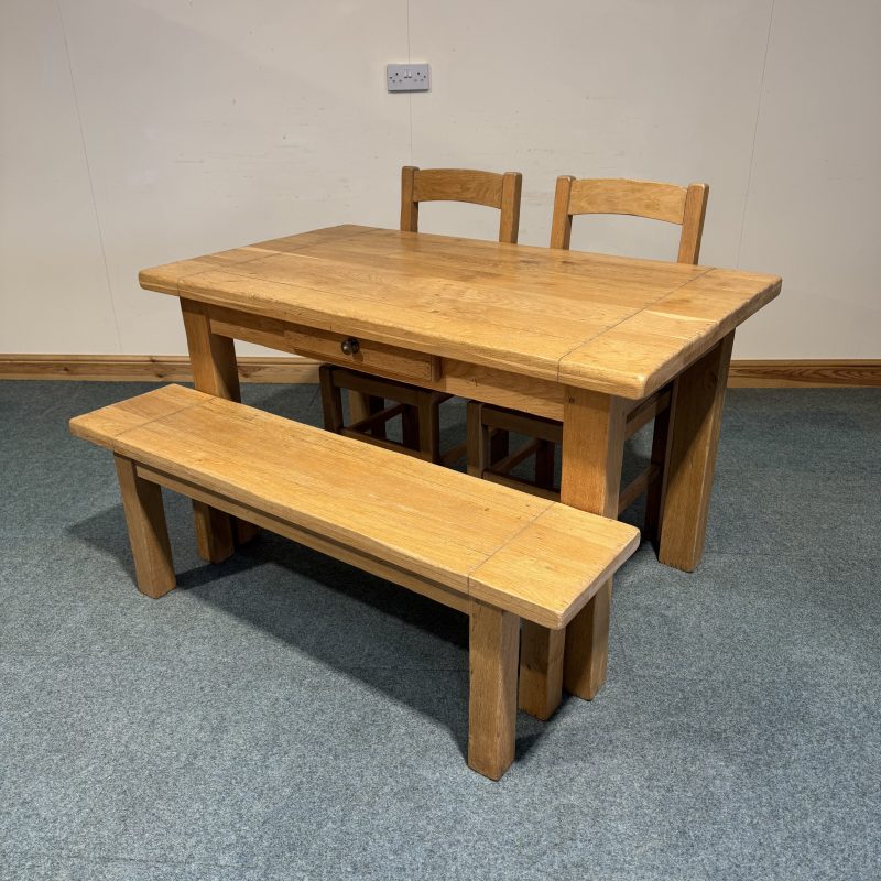 (TC354) Small, French, Distressed Solid Oak, Fixed Table, 2 Chairs and a Bench. - Image 2