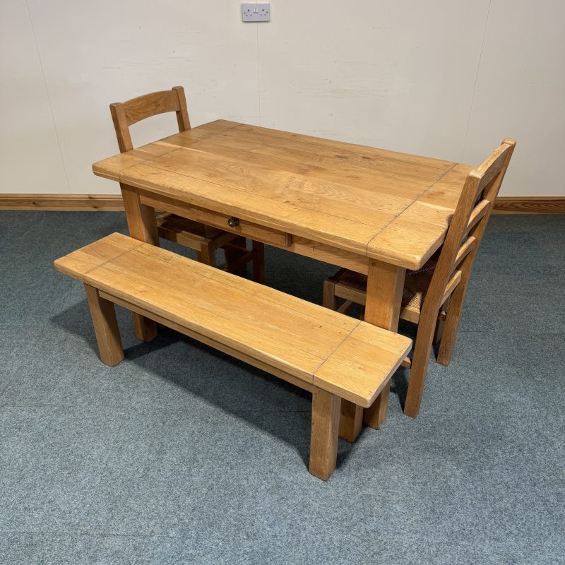 (TC354) Small, French, Distressed Solid Oak, Fixed Table, 2 Chairs and a Bench. - Image 3