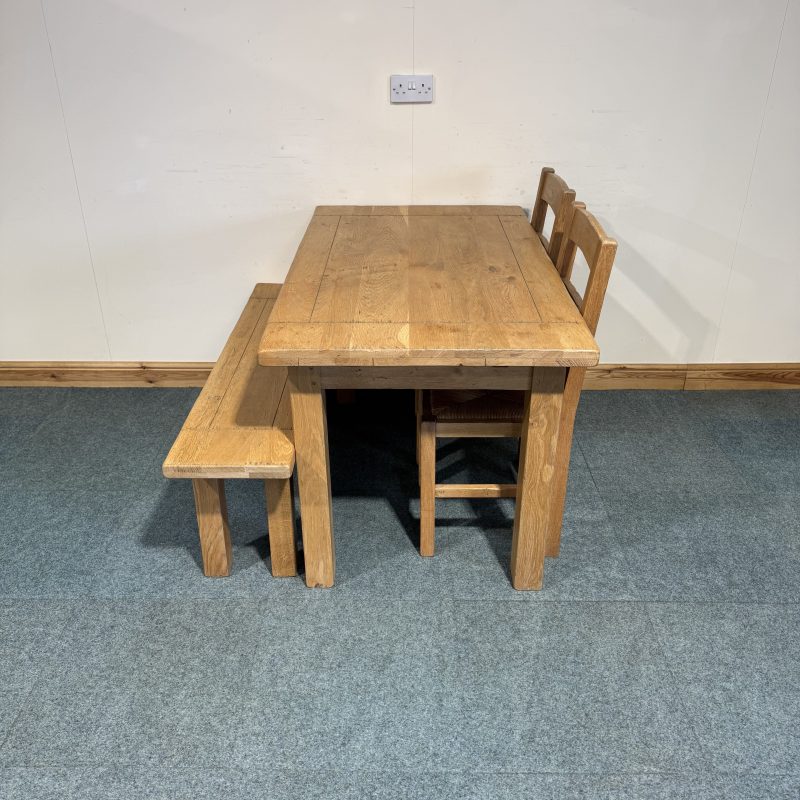 (TC354) Small, French, Distressed Solid Oak, Fixed Table, 2 Chairs and a Bench. - Image 5