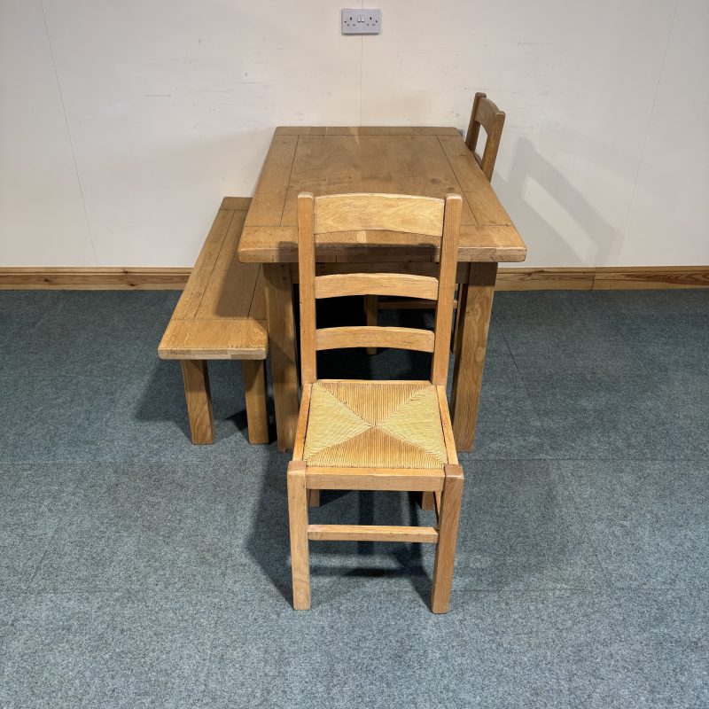 (TC354) Small, French, Distressed Solid Oak, Fixed Table, 2 Chairs and a Bench. - Image 6