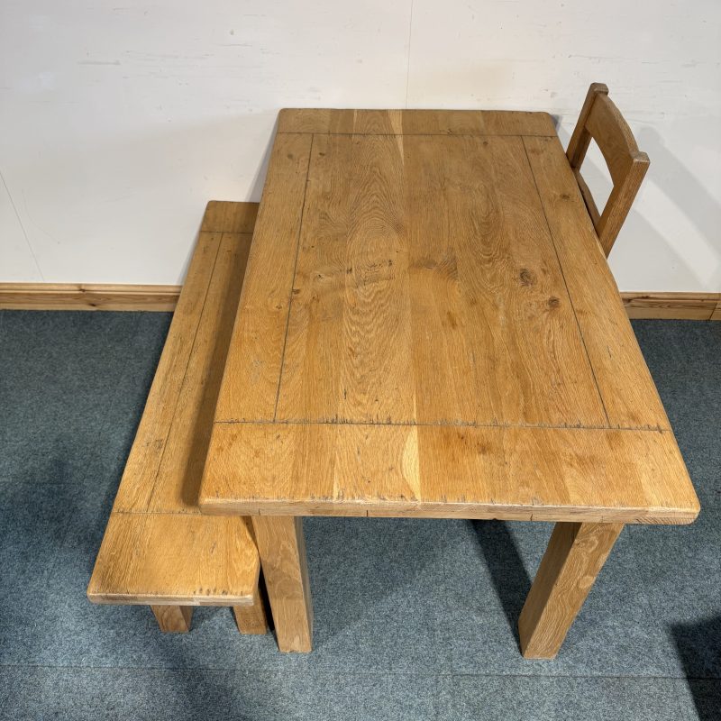(TC354) Small, French, Distressed Solid Oak, Fixed Table, 2 Chairs and a Bench. - Image 8