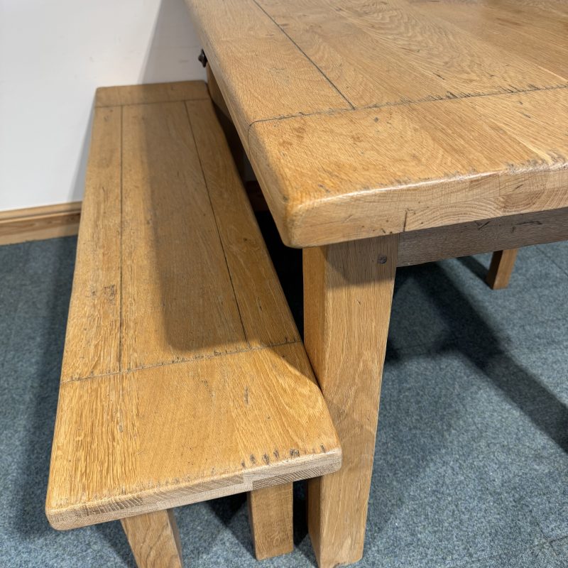 (TC354) Small, French, Distressed Solid Oak, Fixed Table, 2 Chairs and a Bench. - Image 9