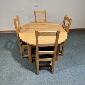 (TC357) Small, Round, Solid Oak, 1 Leaf Extending Table and 4 Chairs.