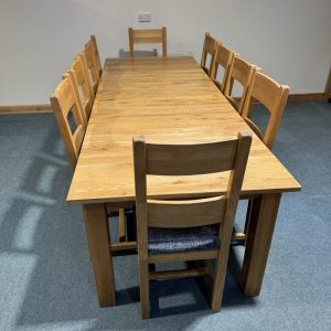 (TC358) Extra Large, Solid Oak, 2 Leaf Extending Table and 10 Chairs.