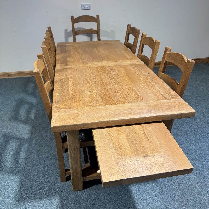 (TC359) Extra Large, French, Solid Oak, 2 Leaf Extending Table and 8 Chairs. - Image 9