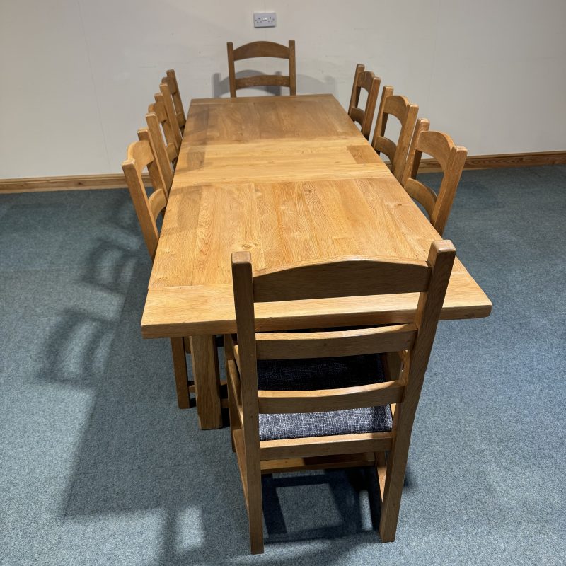 (TC359) Extra Large, French, Solid Oak, 2 Leaf Extending Table and 8 Chairs. - Image 10