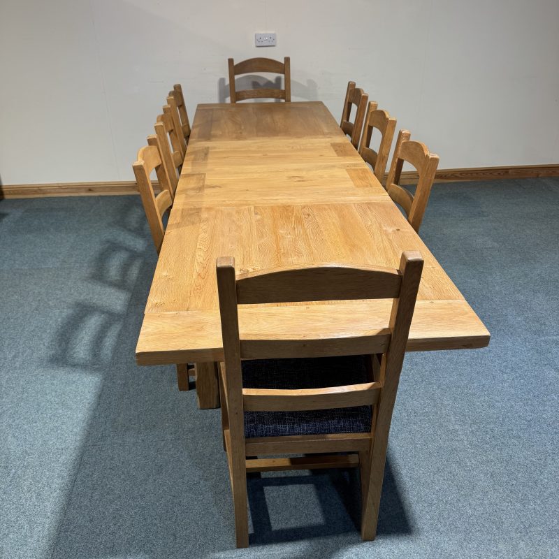 (TC359) Extra Large, French, Solid Oak, 2 Leaf Extending Table and 8 Chairs.