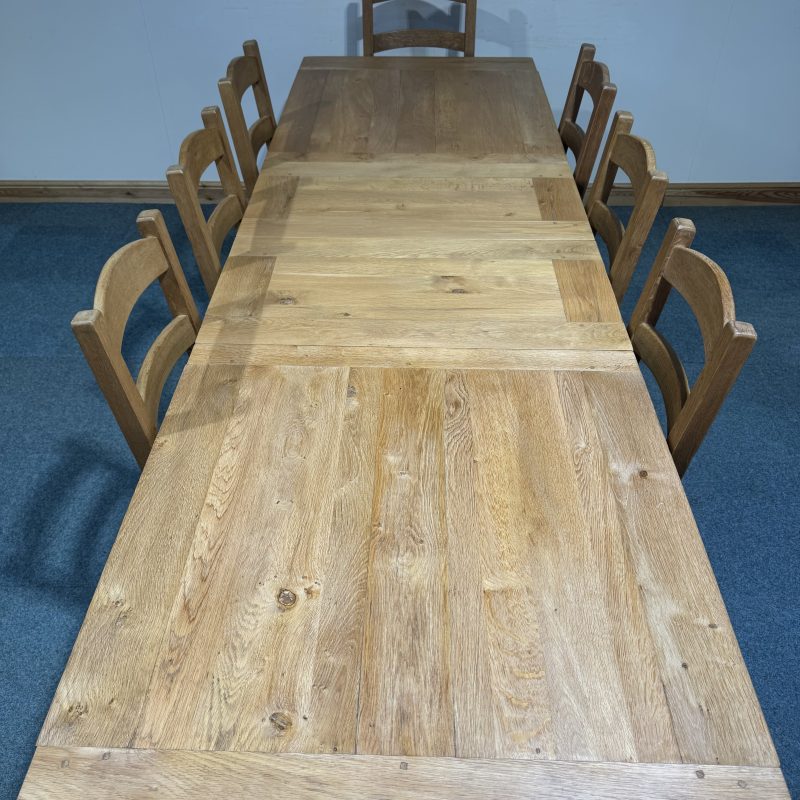 (TC359) Extra Large, French, Solid Oak, 2 Leaf Extending Table and 8 Chairs. - Image 2
