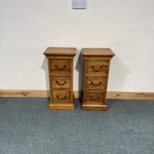 2 Small, Slim, Rustic Solid Oak, 3 Drawer Besides/Side Tables. (BS186)