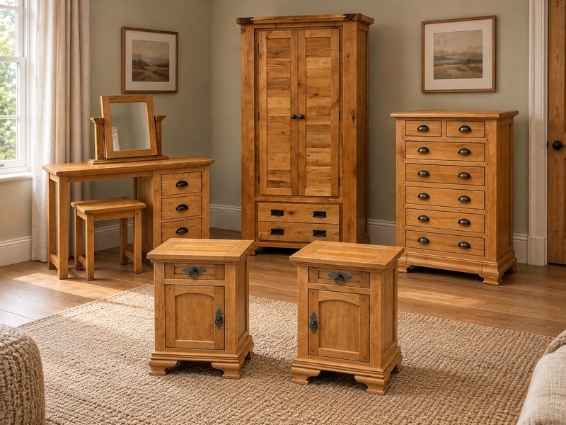 Restored solid wood bedroom furniture including wardrobe, dressing table and chest of drawers