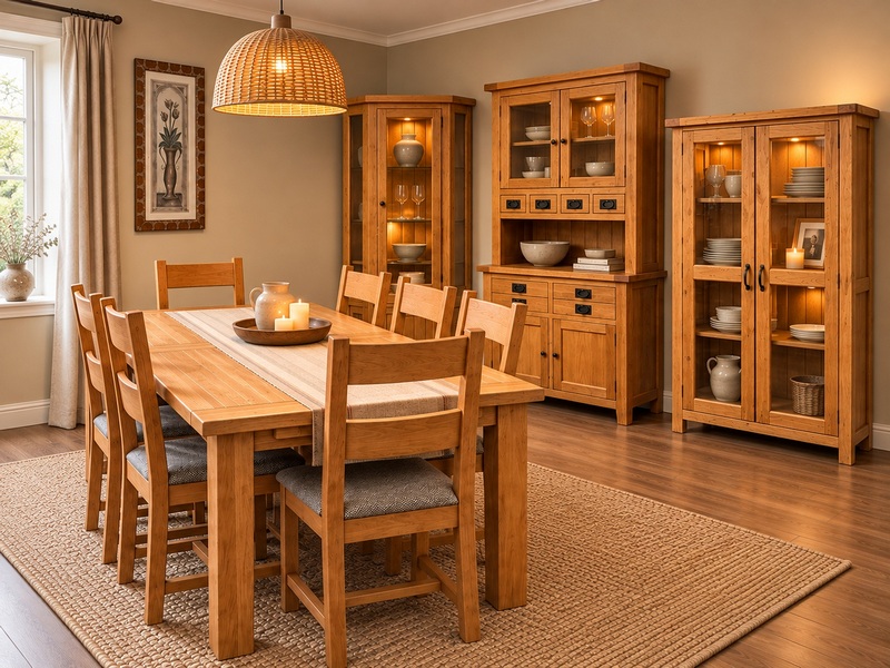 Restored solid wood dining room furniture including table, chairs and display cabinets