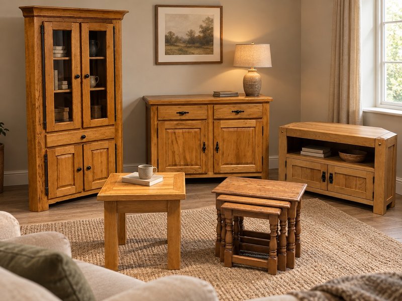 Restored solid wood living room furniture including cabinet, sideboard, TV unit and tables