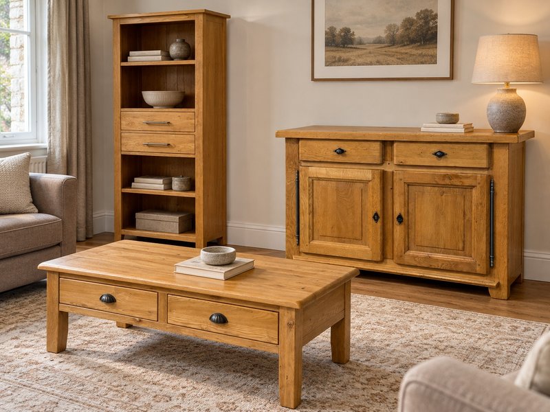 Recently restored solid wood furniture including bookcase, sideboard and coffee table