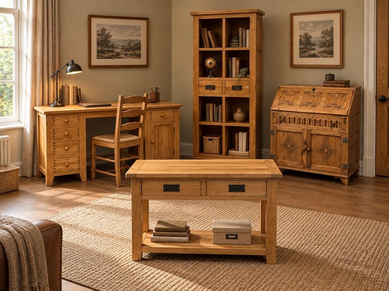 Restored solid wood office furniture including desk, bookcase and bureau